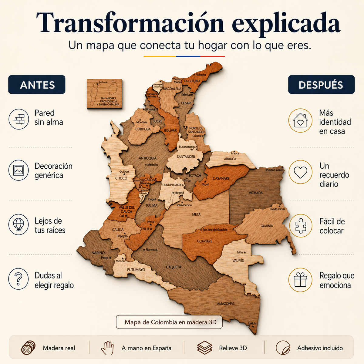Mapa de Colombia en madera 3D