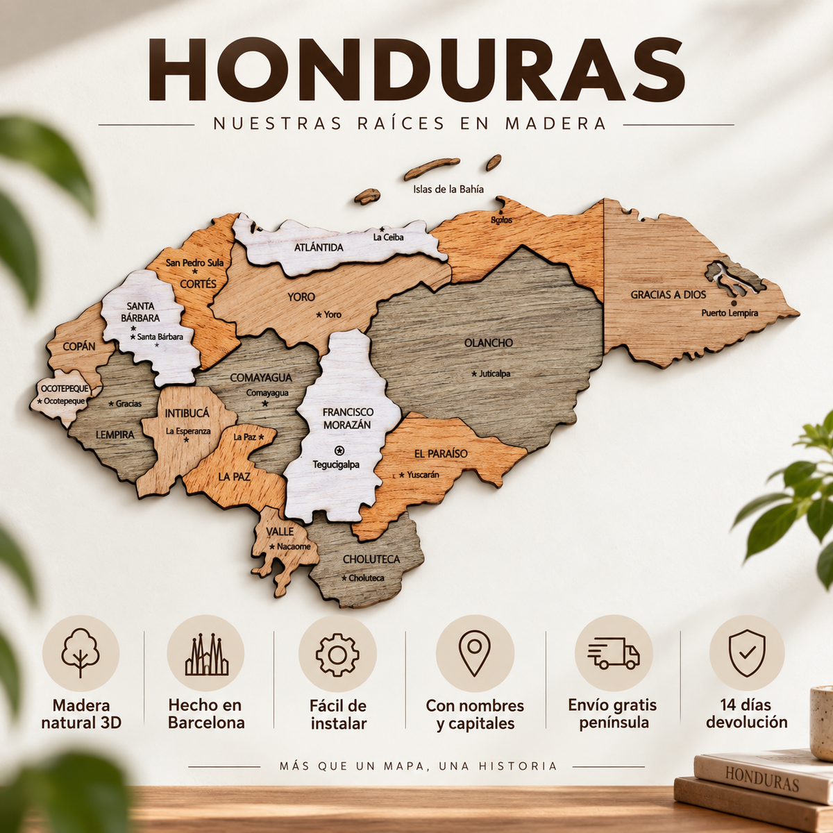 Mapa de Honduras en madera 3D